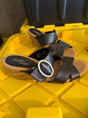 dexflex comfort Black Cork Wedge Slide Sandals with Silver Buckle